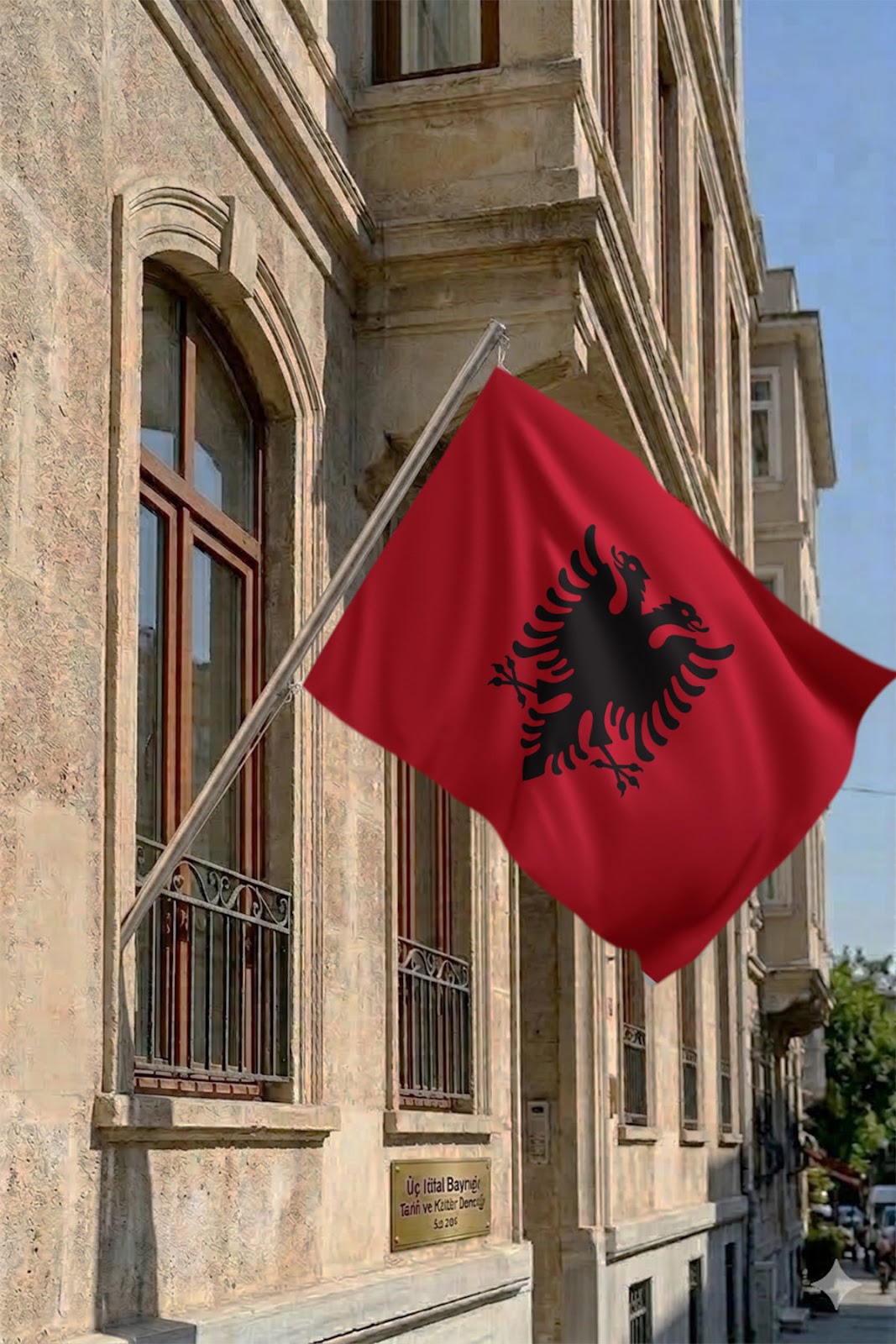 Arnavutluk Teleskopik Duvar Bayrağı Seti yakın çekim