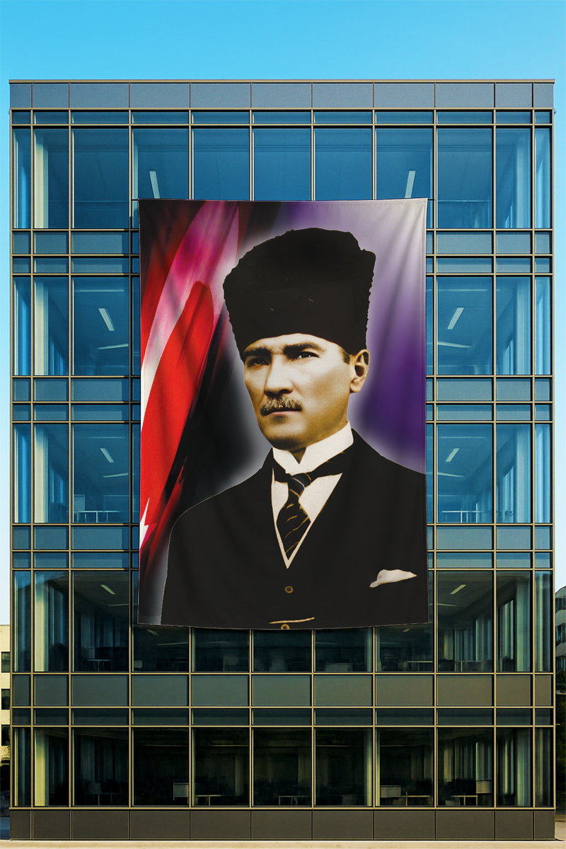 Raşel Kumaş Kalpaklı Atatürk Posteri Kırmızı Mor Fonlu